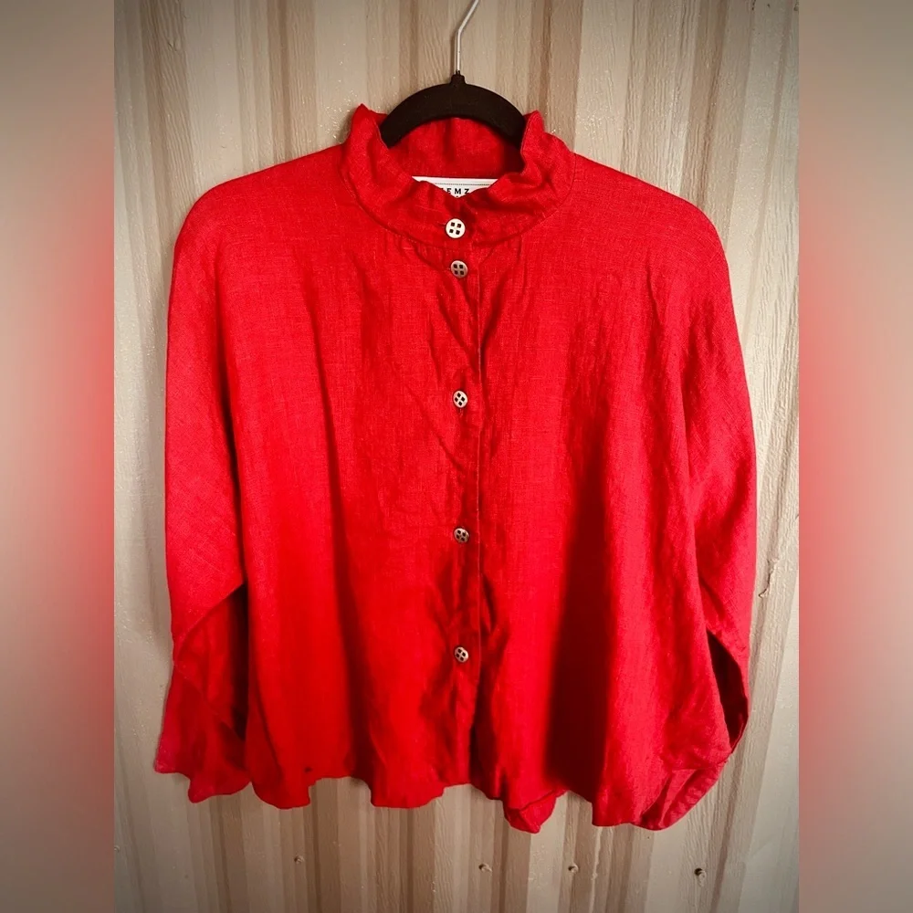 Itemz Chris Baumgartner 100% Linen Top Lagenlook Red Crop Dolman Slv USA OS FLAW - Picture 8 of 16